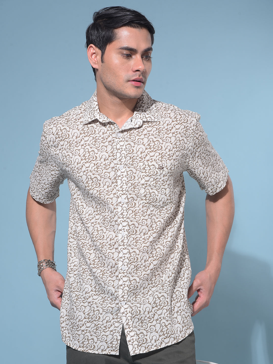 Brown Printed Linen Resort Shirt-Men Shirts-Crimsoune Club