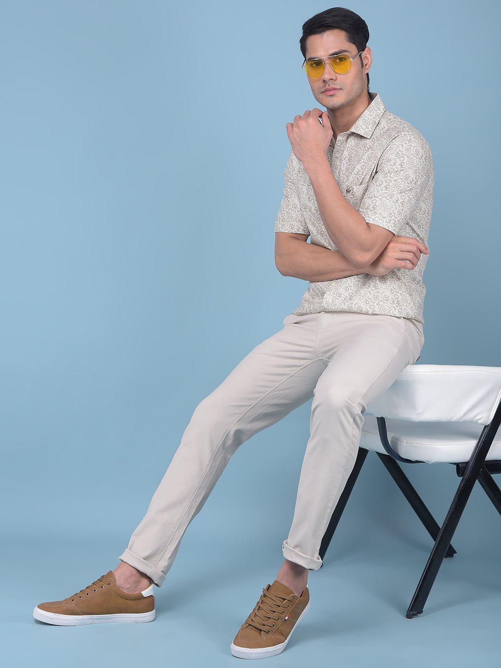 Beige Floral Print 100% Cotton Shirt-Men Shirts-Crimsoune Club