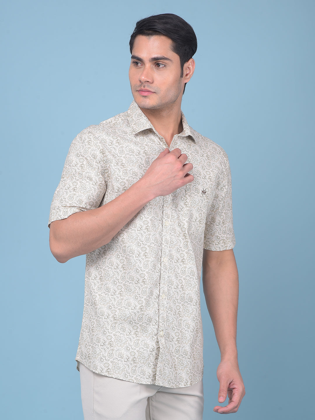 Beige Floral Print 100% Cotton Shirt-Men Shirts-Crimsoune Club