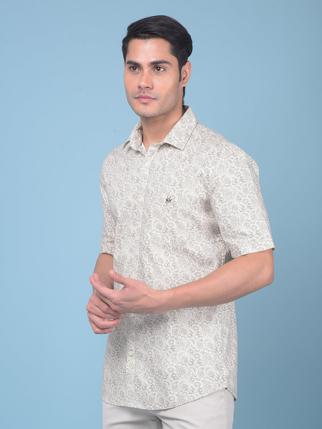 Beige Floral Print 100% Cotton Shirt-Men Shirts-Crimsoune Club