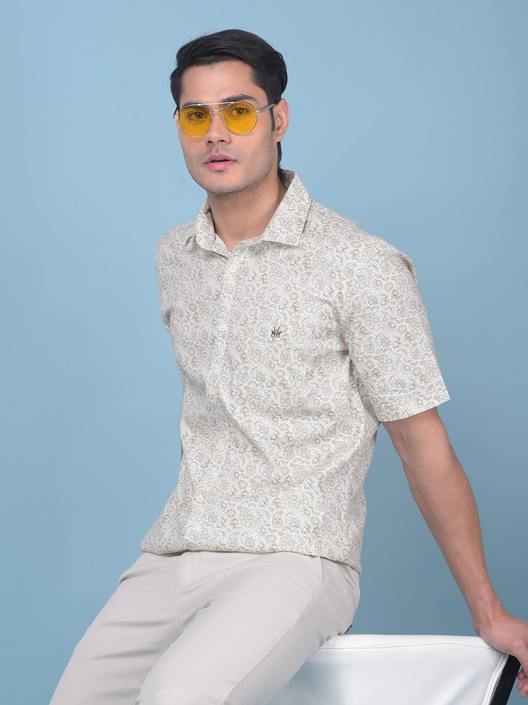 Beige Floral Print 100% Cotton Shirt-Men Shirts-Crimsoune Club