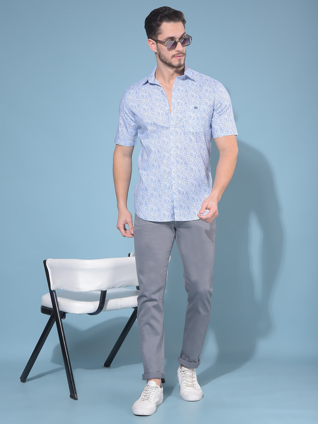 Blue Floral Print 100% Cotton Shirt-Men Shirts-Crimsoune Club