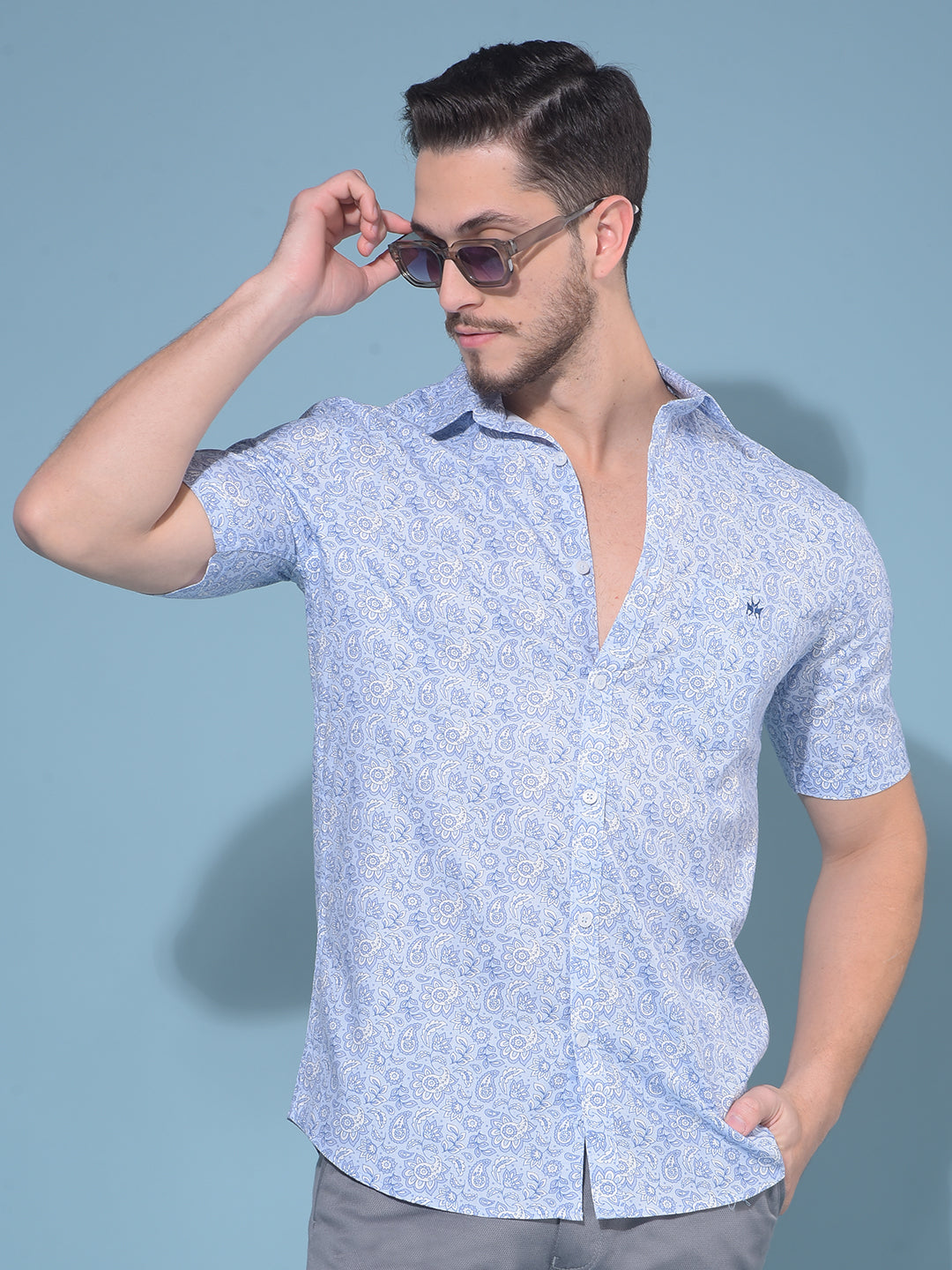 Blue Floral Print 100% Cotton Shirt-Men Shirts-Crimsoune Club
