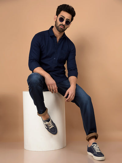 Navy Blue 100% Cotton Denim Shirt-Men Shirts-Crimsoune Club