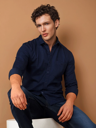 Navy Blue 100% Cotton Denim Shirt-Men Shirts-Crimsoune Club