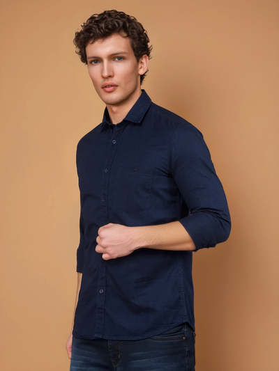 Navy Blue 100% Cotton Denim Shirt-Men Shirts-Crimsoune Club