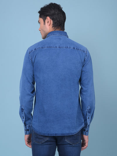 Navy Blue 100% Cotton Denim Shirt-Men Shirts-Crimsoune Club