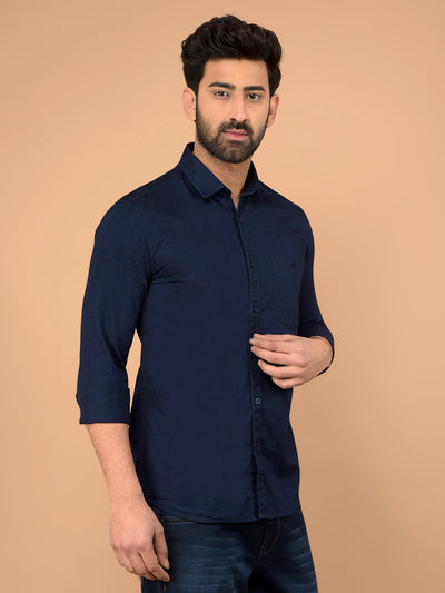 Navy Blue 100% Cotton Denim Shirt-Men Shirts-Crimsoune Club
