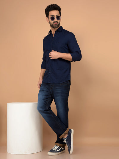 Navy Blue 100% Cotton Denim Shirt-Men Shirts-Crimsoune Club