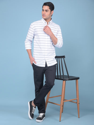 White Horizontal Striped 100% Cotton Shirt-Men Shirts-Crimsoune Club