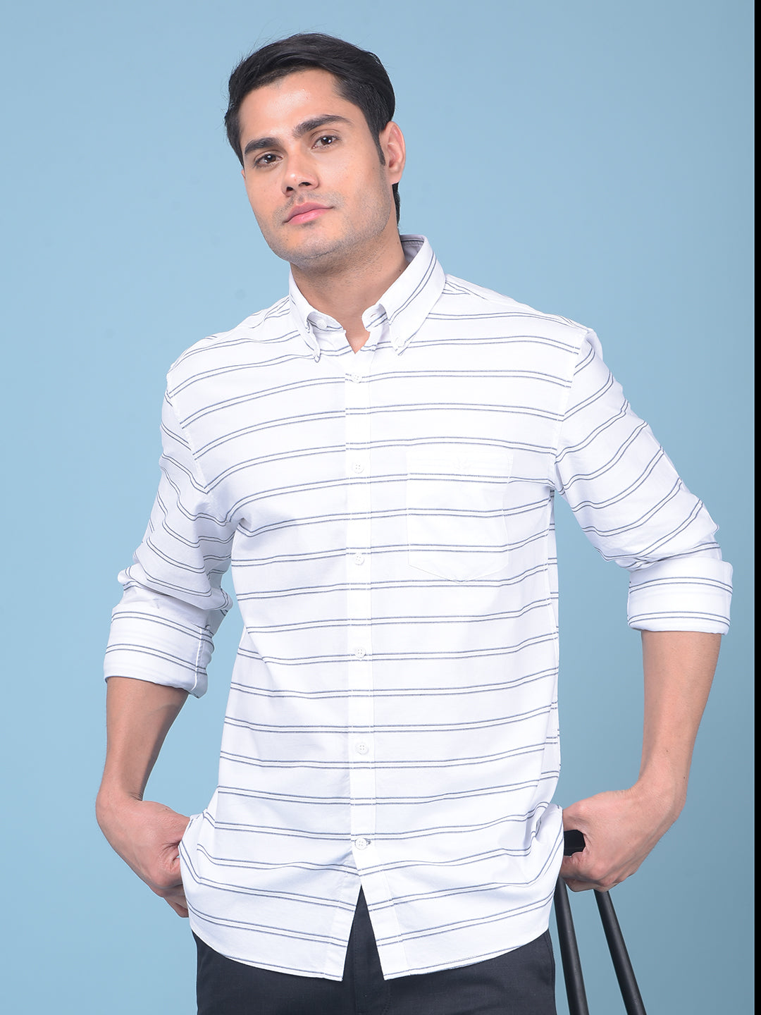 White Horizontal Striped 100% Cotton Shirt-Men Shirts-Crimsoune Club