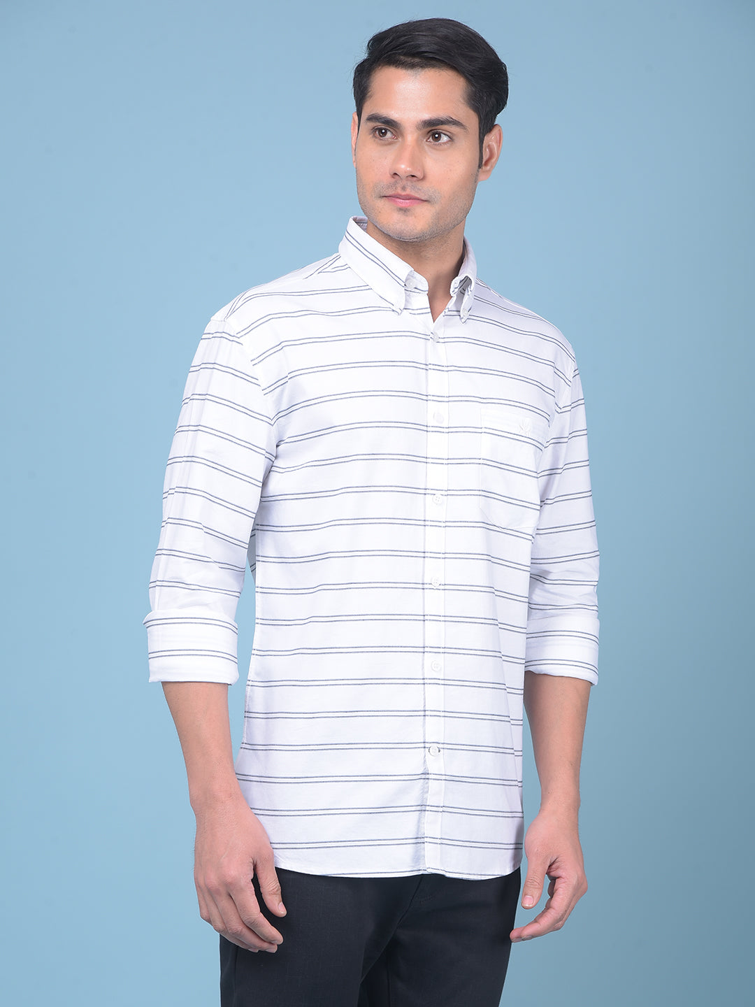 White Horizontal Striped 100% Cotton Shirt-Men Shirts-Crimsoune Club