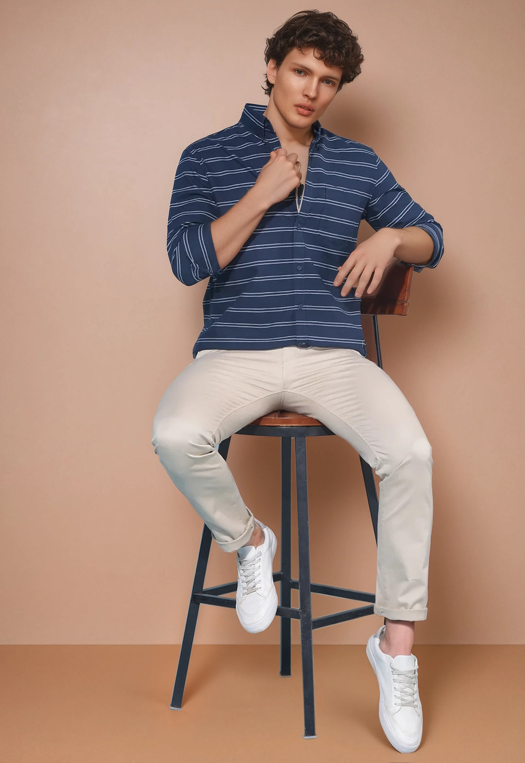 Navy Blue Horizontal Striped 100% Cotton Shirt-Men Shirts-Crimsoune Club