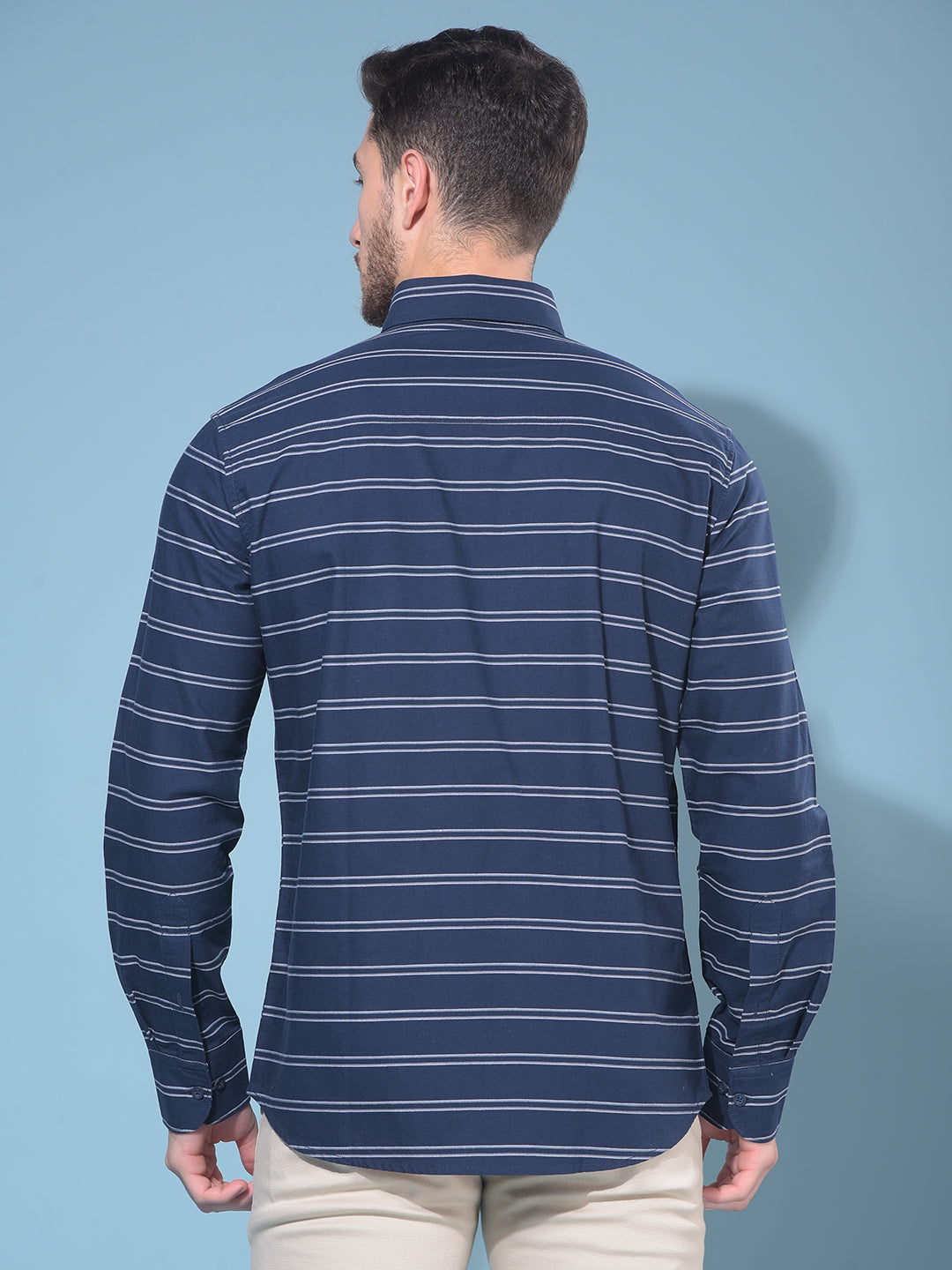 Navy Blue Horizontal Striped 100% Cotton Shirt-Men Shirts-Crimsoune Club