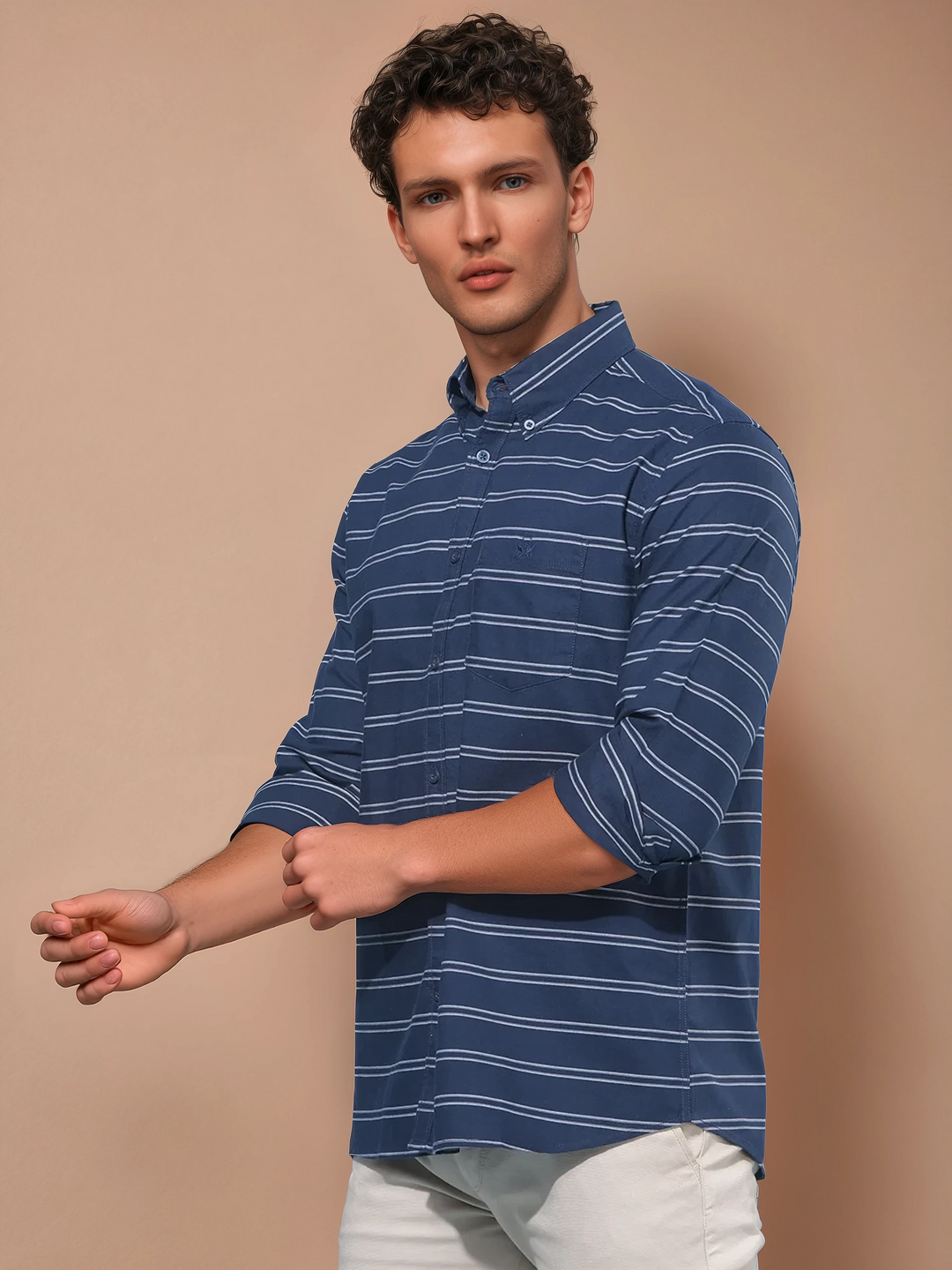 Navy Blue Horizontal Striped 100% Cotton Shirt-Men Shirts-Crimsoune Club