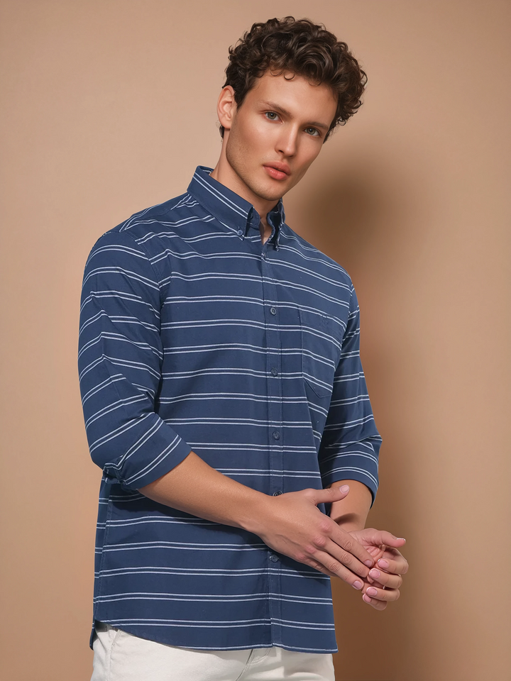 Navy Blue Horizontal Striped 100% Cotton Shirt-Men Shirts-Crimsoune Club