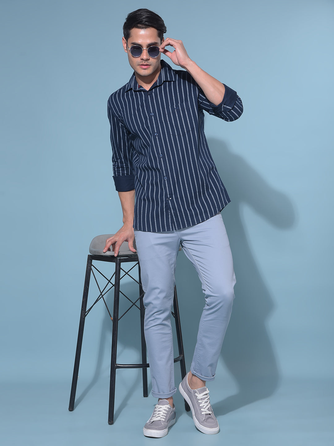 Navy Blue Vertical Striped 100% Cotton Shirt-Men Shirts-Crimsoune Club