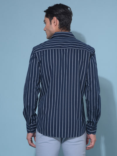 Navy Blue Vertical Striped 100% Cotton Shirt-Men Shirts-Crimsoune Club