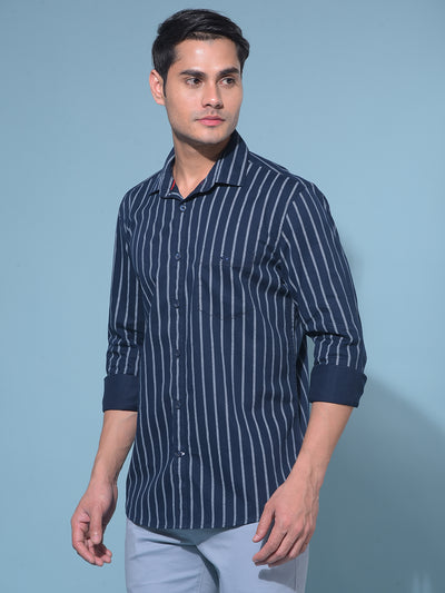 Navy Blue Vertical Striped 100% Cotton Shirt-Men Shirts-Crimsoune Club