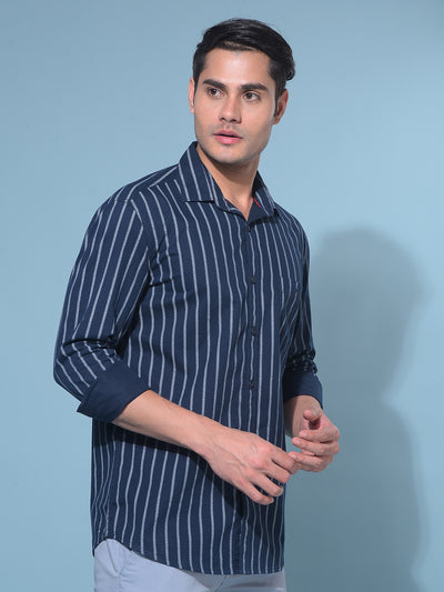 Navy Blue Vertical Striped 100% Cotton Shirt-Men Shirts-Crimsoune Club