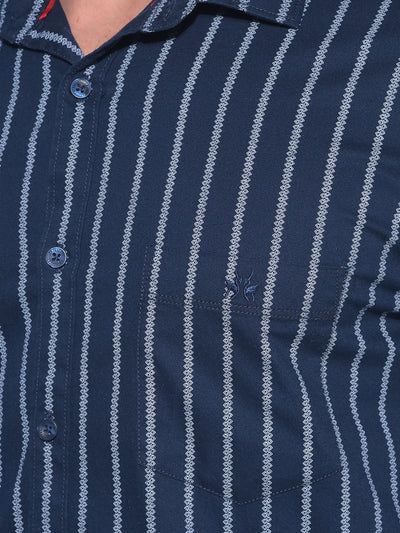Navy Blue Vertical Striped 100% Cotton Shirt-Men Shirts-Crimsoune Club