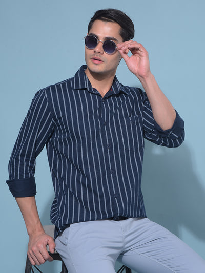 Navy Blue Vertical Striped 100% Cotton Shirt-Men Shirts-Crimsoune Club