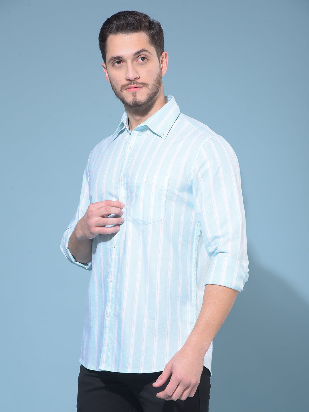 Green Vertical Striped 100% Cotton Shirt-Men Shirts-Crimsoune Club