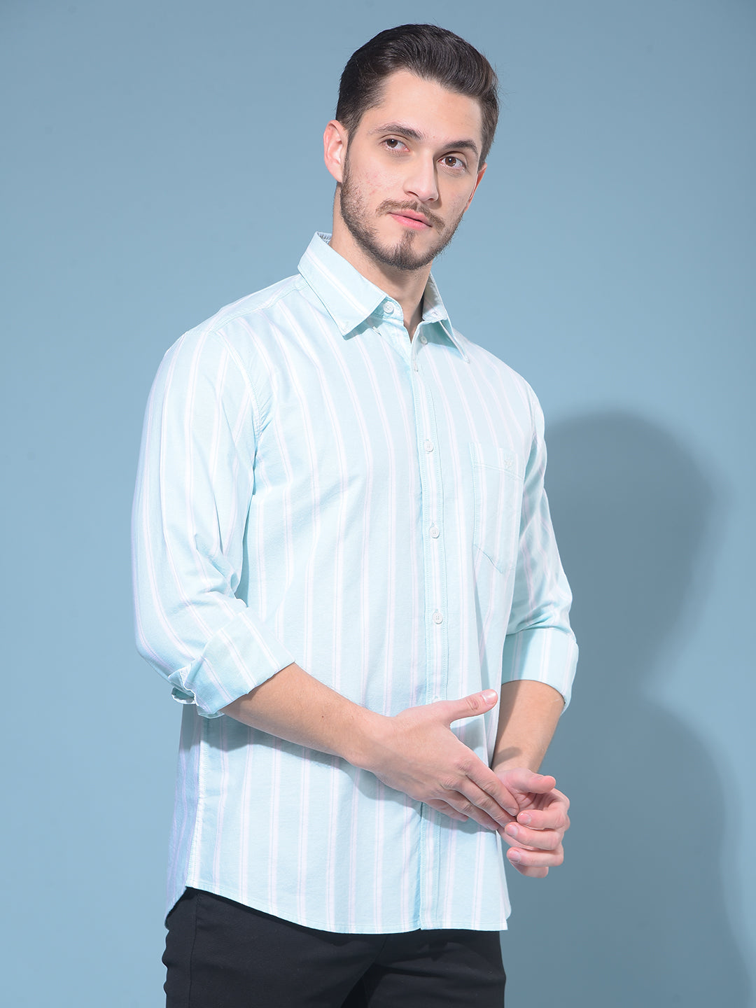 Green Vertical Striped 100% Cotton Shirt-Men Shirts-Crimsoune Club