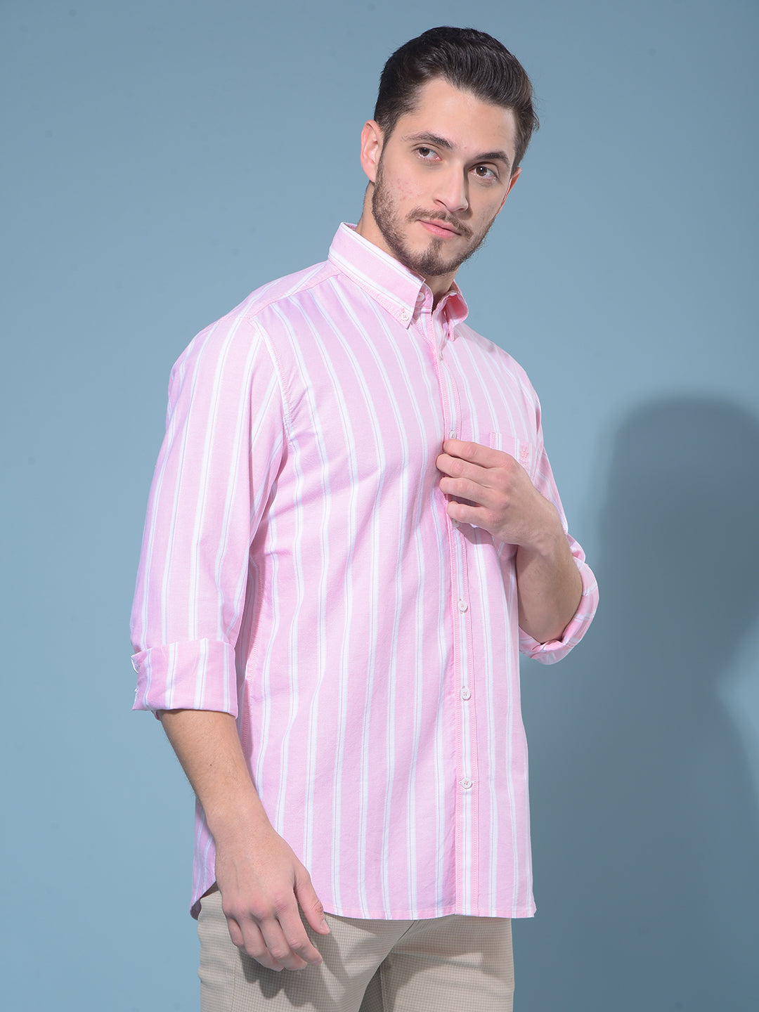 Pink Vertical Striped 100% Cotton Shirt-Men Shirts-Crimsoune Club