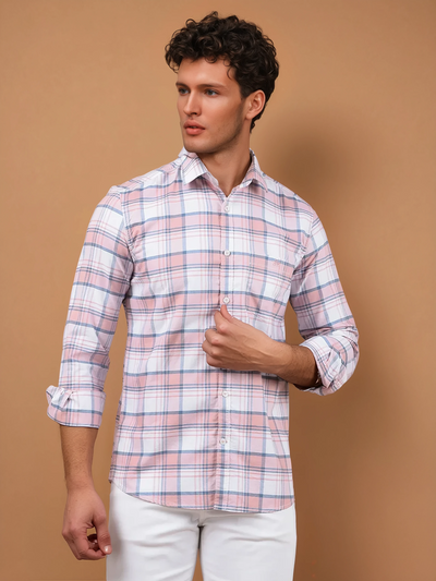 Peach Checked 100% Cotton Shirt-Men Shirts-Crimsoune Club