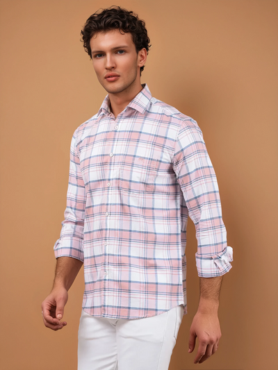 Peach Checked 100% Cotton Shirt-Men Shirts-Crimsoune Club