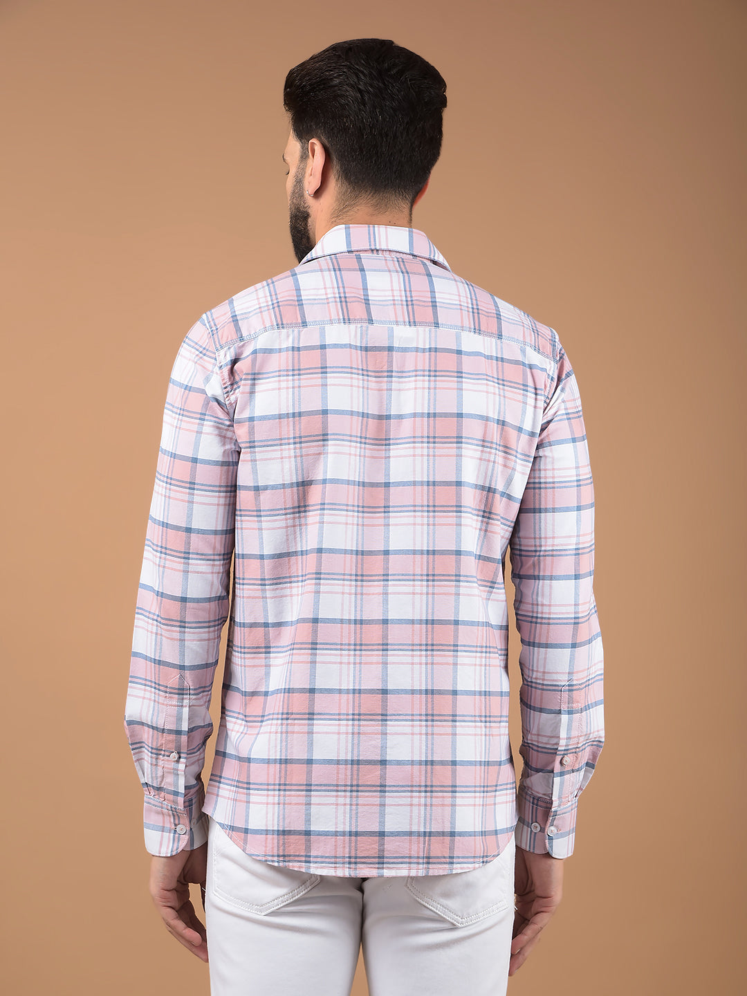 Peach Checked 100% Cotton Shirt-Men Shirts-Crimsoune Club