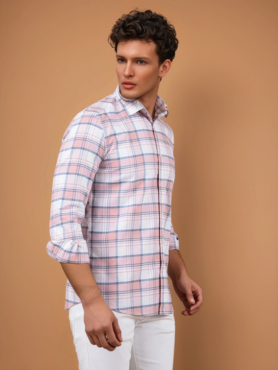 Peach Checked 100% Cotton Shirt-Men Shirts-Crimsoune Club