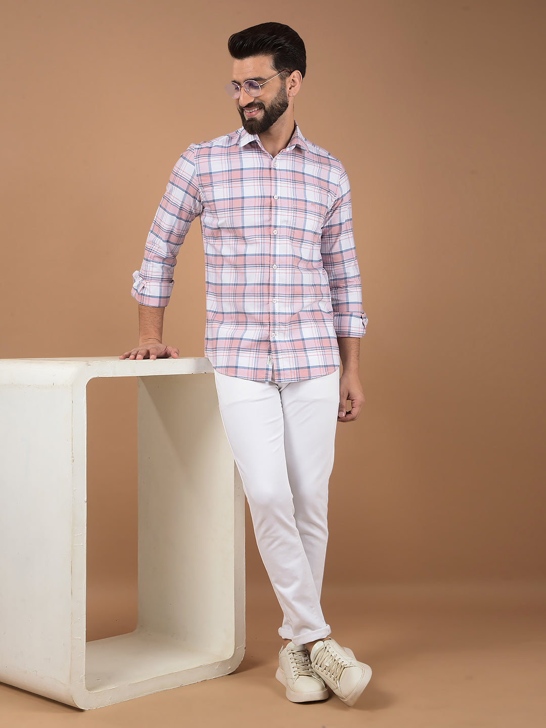 Peach Checked 100% Cotton Shirt-Men Shirts-Crimsoune Club