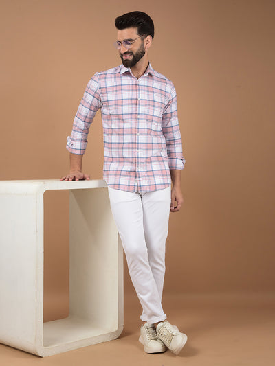 Peach Checked 100% Cotton Shirt-Men Shirts-Crimsoune Club