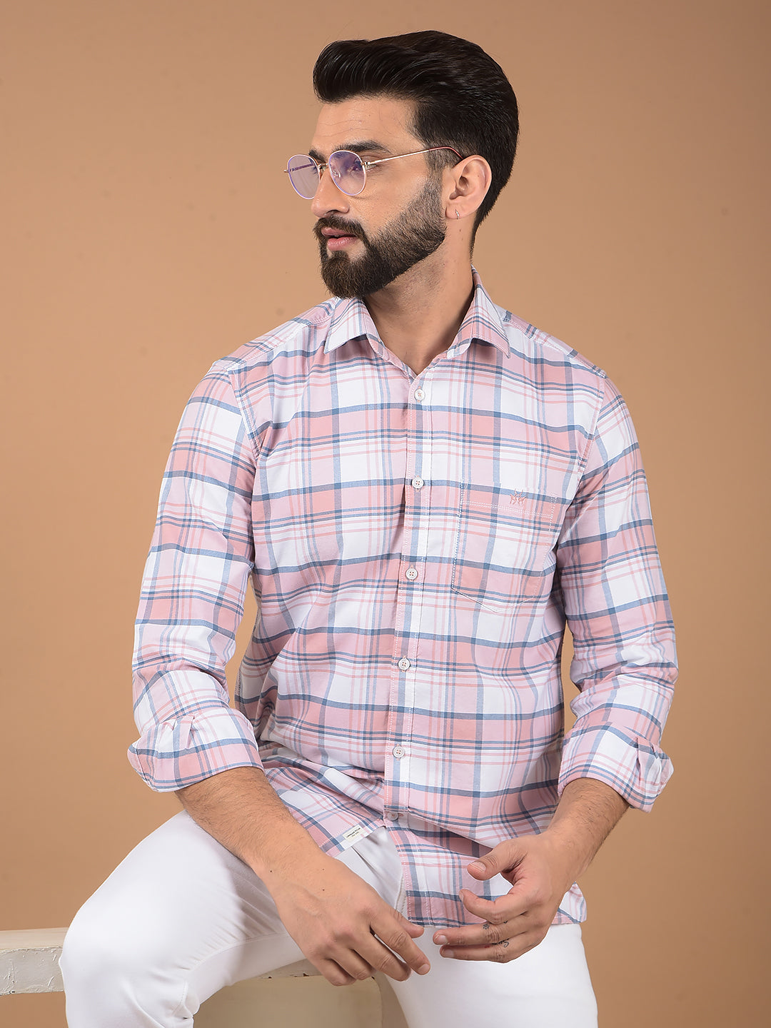Peach Checked 100% Cotton Shirt-Men Shirts-Crimsoune Club