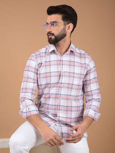 Peach Checked 100% Cotton Shirt-Men Shirts-Crimsoune Club