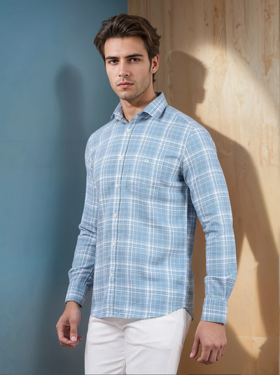 Blue Checked 100% Cotton Shirt-Men Shirts-Crimsoune Club