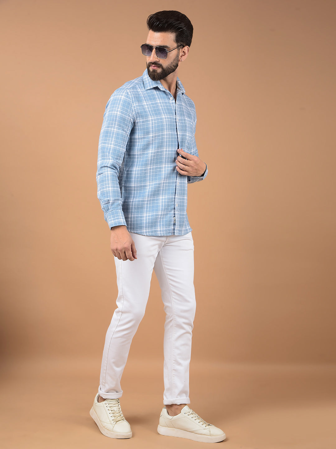 Blue Checked 100% Cotton Shirt-Men Shirts-Crimsoune Club
