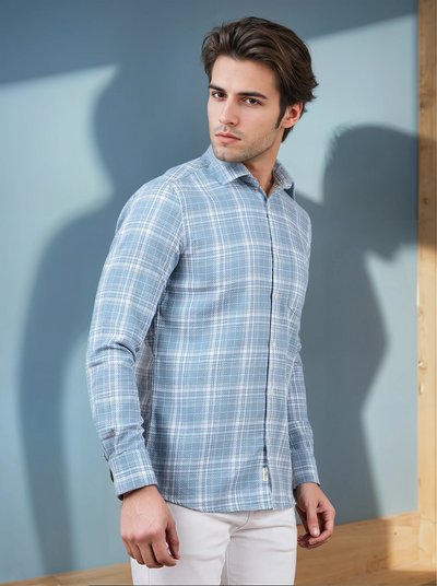 Blue Checked 100% Cotton Shirt-Men Shirts-Crimsoune Club