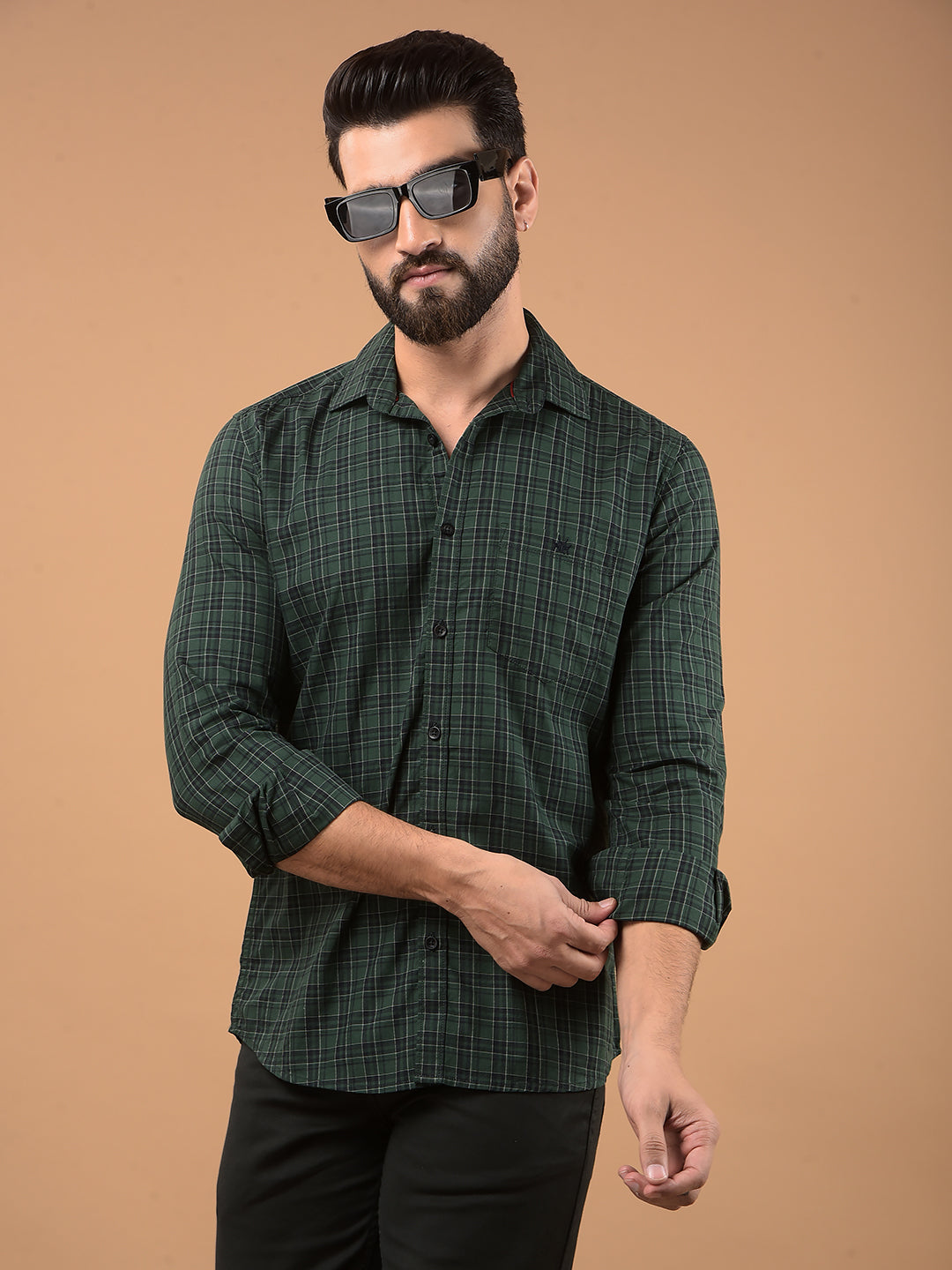Green Checked 100% Cotton Shirt-Men Shirts-Crimsoune Club