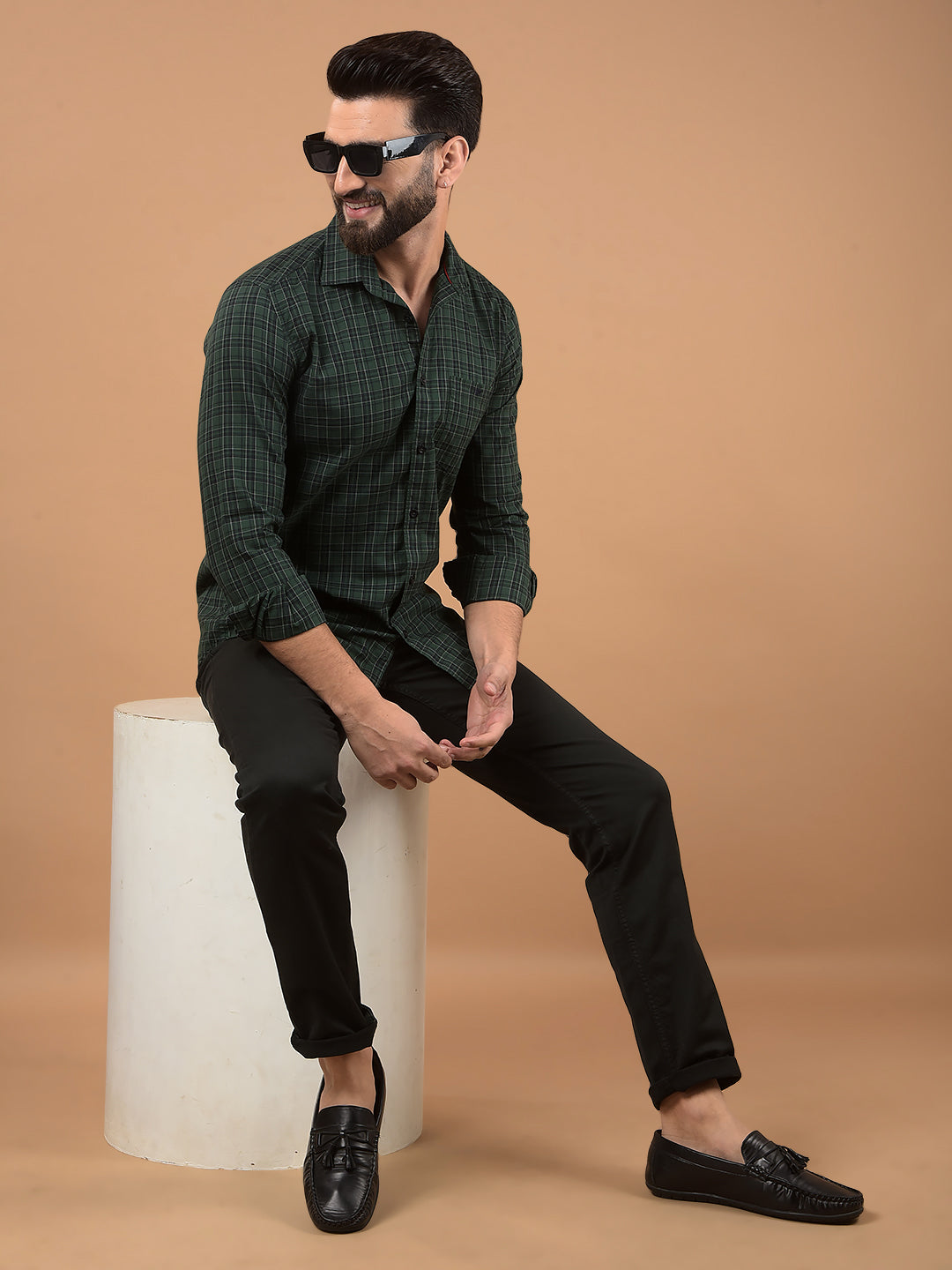 Green Checked 100% Cotton Shirt-Men Shirts-Crimsoune Club