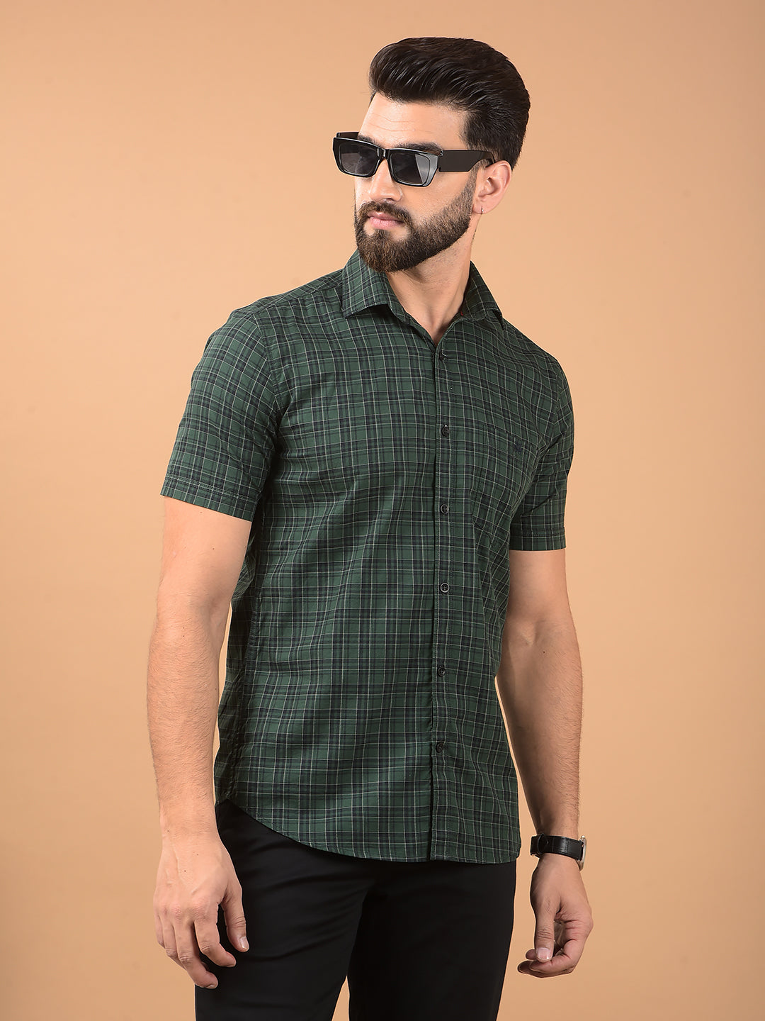 Green Checked 100% Cotton Shirt-Men Shirts-Crimsoune Club