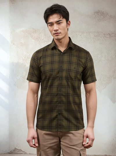 Olive Checked 100% Cotton Shirt-Men Shirts-Crimsoune Club