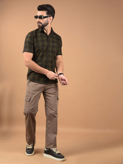 Olive Checked 100% Cotton Shirt-Men Shirts-Crimsoune Club