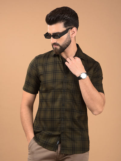 Olive Checked 100% Cotton Shirt-Men Shirts-Crimsoune Club
