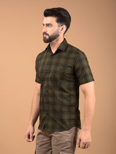 Olive Checked 100% Cotton Shirt-Men Shirts-Crimsoune Club