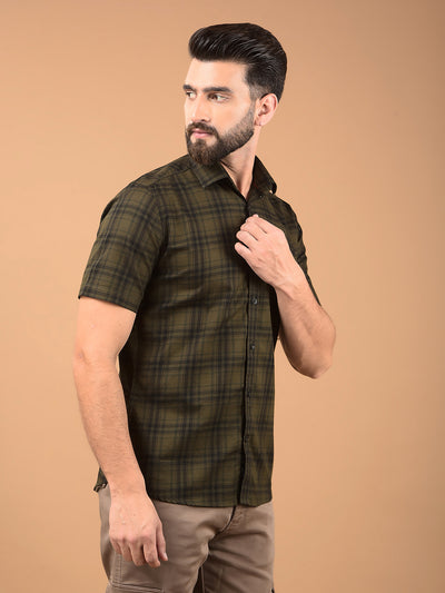 Olive Checked 100% Cotton Shirt-Men Shirts-Crimsoune Club