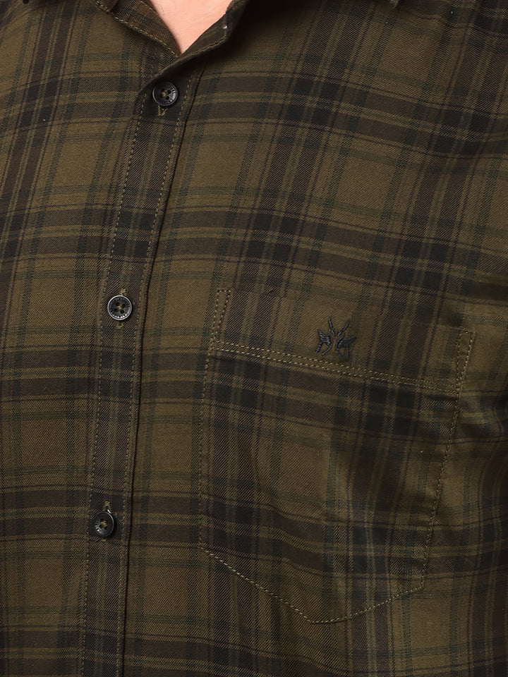 Olive Checked 100% Cotton Shirt-Men Shirts-Crimsoune Club
