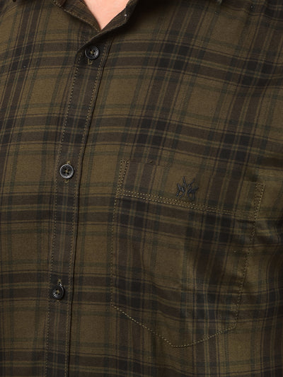 Olive Checked 100% Cotton Shirt-Men Shirts-Crimsoune Club